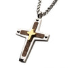 Load image into Gallery viewer, 18K Gold Plated Cross Overlapped on a Steel Pendant with Walnut Wood Inlay, with Steel Wheat Chain