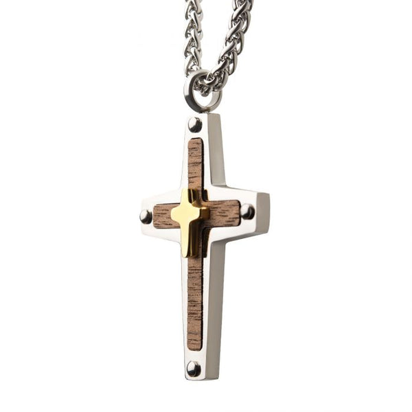 18K Gold Plated Cross Overlapped on a Steel Pendant with Walnut Wood Inlay, with Steel Wheat Chain