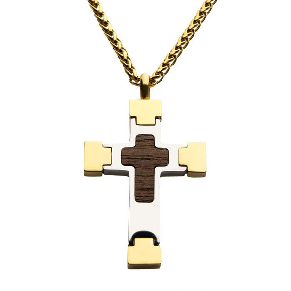 18K Gold Plated Cross Pendant with Walnut Wood Inlay, with 18K Gold Plated Wheat Chain