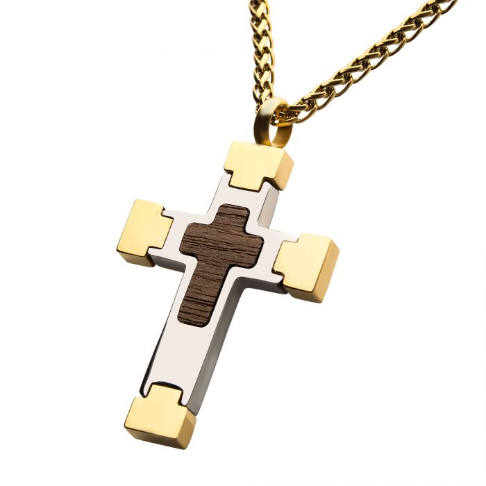 18K Gold Plated Cross Pendant with Walnut Wood Inlay, with 18K Gold Plated Wheat Chain