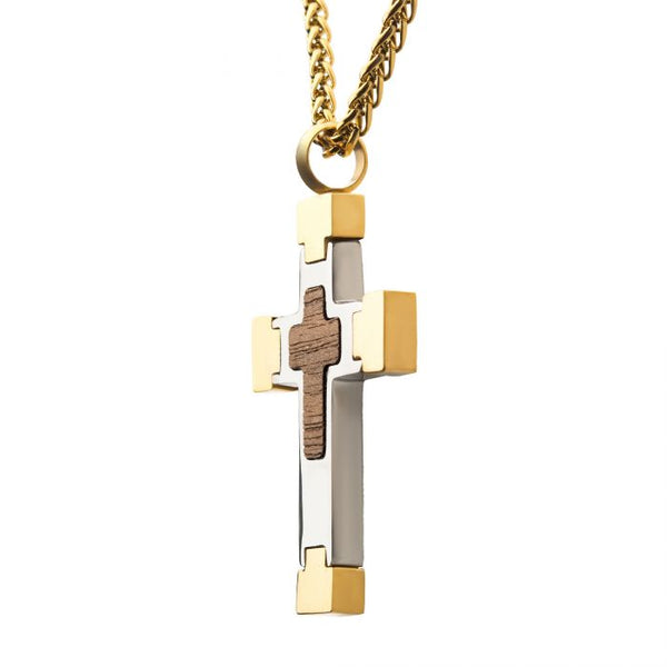 18K Gold Plated Cross Pendant with Walnut Wood Inlay, with 18K Gold Plated Wheat Chain