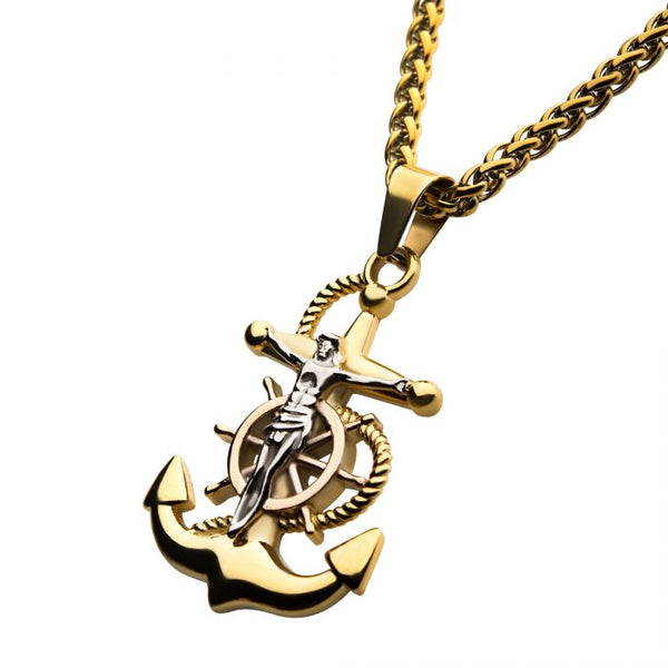 18K Gold Plated Anchor with Silver Plated Jesus Steel Pendant, with 18K Gold Plated Wheat Chain