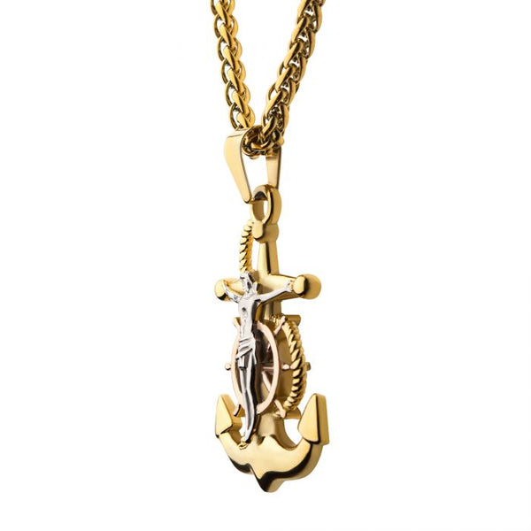 18K Gold Plated Anchor with Silver Plated Jesus Steel Pendant, with 18K Gold Plated Wheat Chain