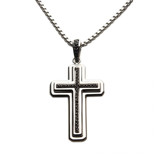 Stainless Steel Cross Pendant with Black CZ Inlay, with Steel Round Box Chain