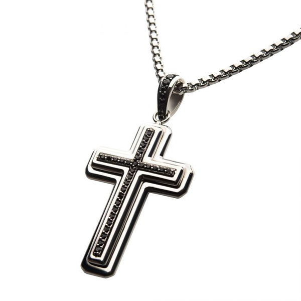 Stainless Steel Cross Pendant with Black CZ Inlay, with Steel Round Box Chain