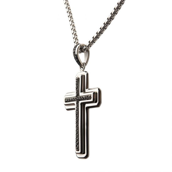 Stainless Steel Cross Pendant with Black CZ Inlay, with Steel Round Box Chain