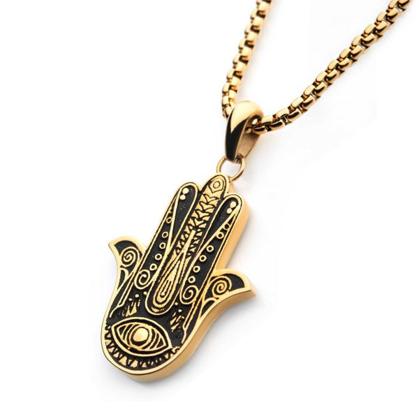 Gold Plated with Hamsa Pendant, with Gold Plated Bold Box Chain