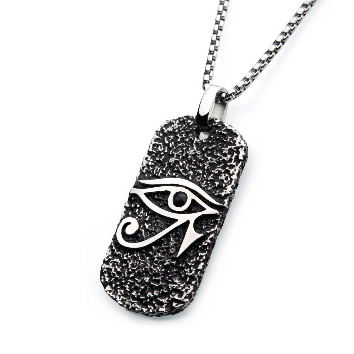 Black Oxidized Stainless Steel with Black CZ Eye of Horus Dog Tag Pendant, with Steel Box Chain