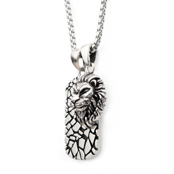 Stainless Steel with 3D Lion Head Dog Tag Pendant, with Antique Silver Plated Chain