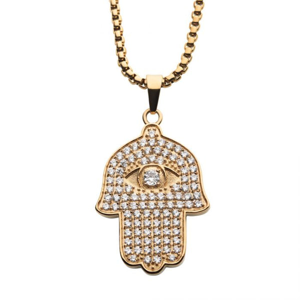 Gold Plated with Clear CZ Hamsa Pendant, with Gold Plated Box Chain