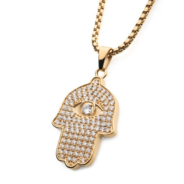 Gold Plated with Clear CZ Hamsa Pendant, with Gold Plated Box Chain