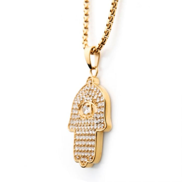 Gold Plated with Clear CZ Hamsa Pendant, with Gold Plated Box Chain