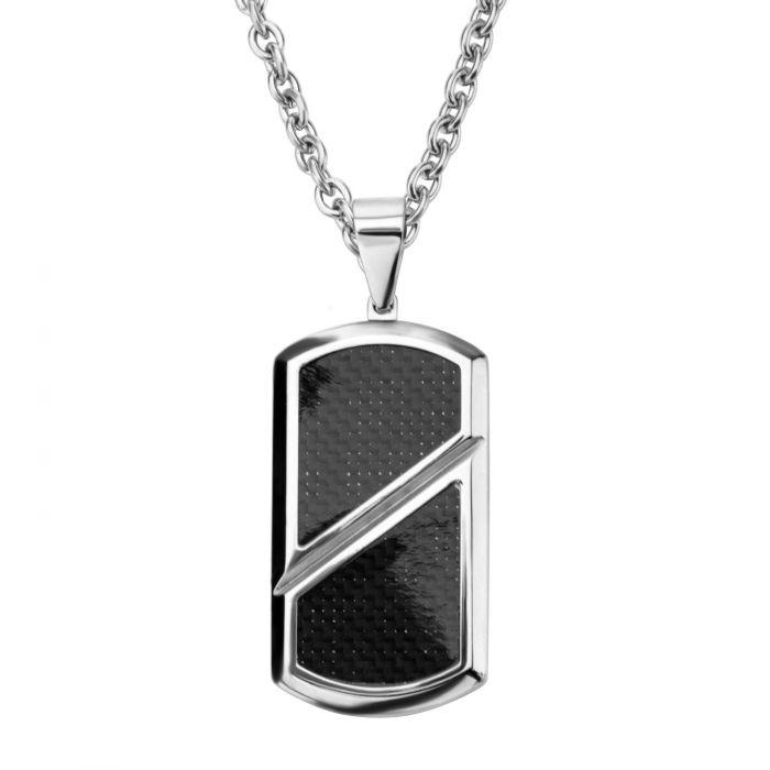 Black Carbon Fiber Inlayed Dog Tag Pendant with Chain