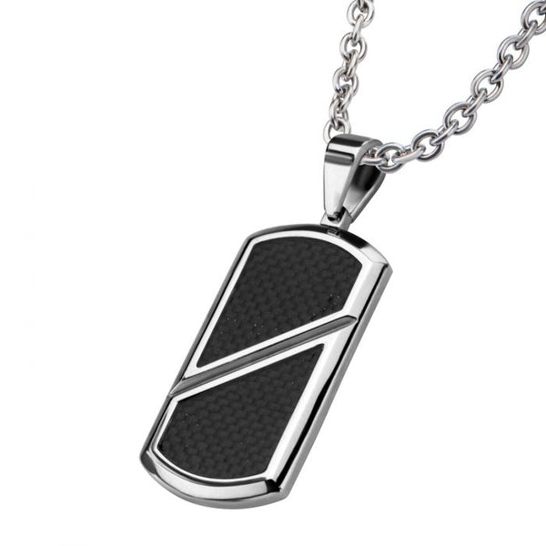 Black Carbon Fiber Inlayed Dog Tag Pendant with Chain