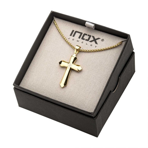 Gold Plated Cross with 6pcs CNC Prong Set Clear CZ Pendant with Gold Plated Wheat Chain