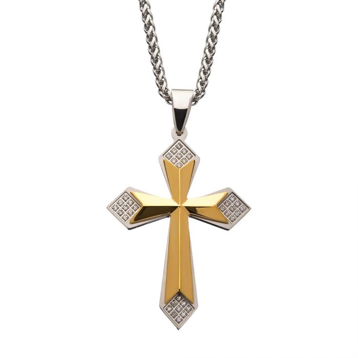 Gold Plated Cross with 36pcs CNC Prong Set Clear CZ Pendant with Steel Wheat Chain