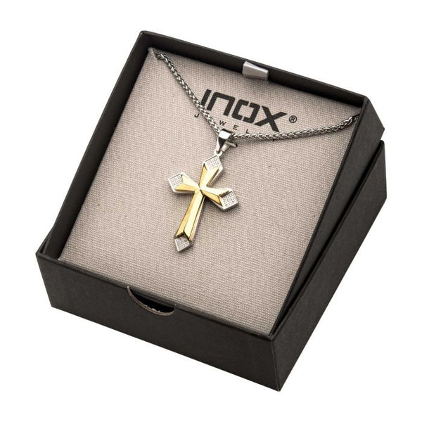 Gold Plated Cross with 36pcs CNC Prong Set Clear CZ Pendant with Steel Wheat Chain