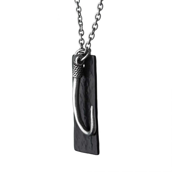 Stainless Steel Antiqued Finish Fish Hook and Black Plated Tag Pendant with chain