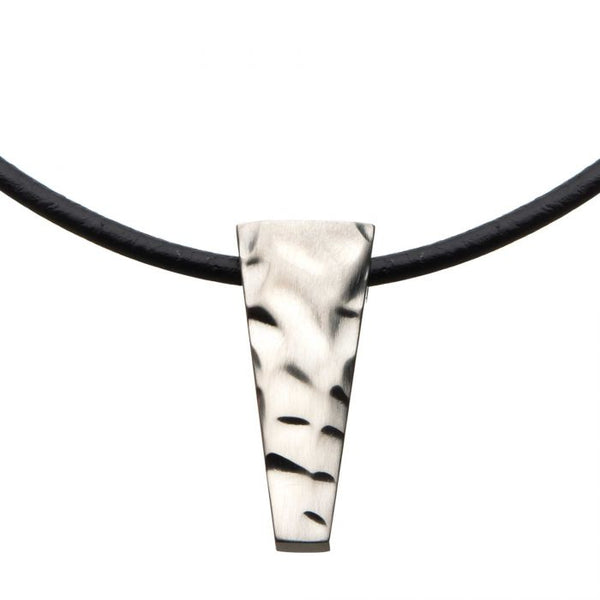 Steel Hammered Pendant with Black Leather Cord Chain