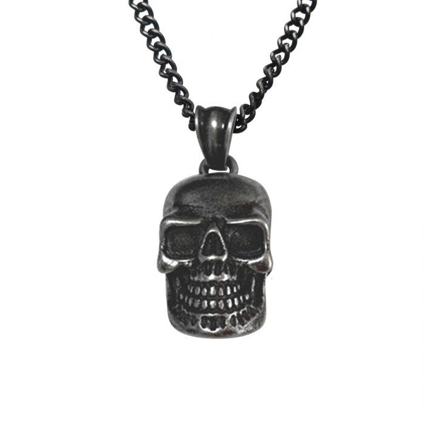 Antiqued Stainless Steel Skull Pendant with Black IP Chain