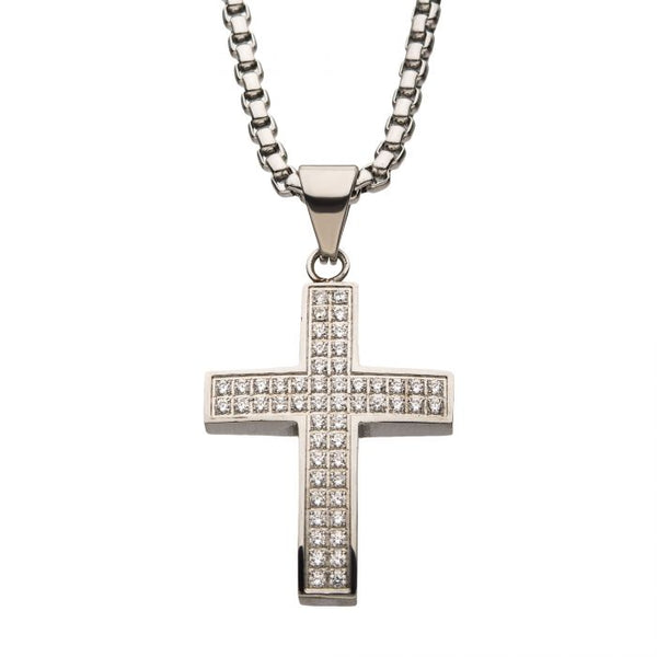 Stainless Steel with 52piece CNC Prong Set Clear CZ Cross Pendant with Chain