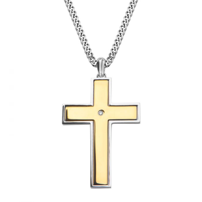 Gold Plated Lord's Prayer & Spinner Cross Two Tone Pendant with Chain