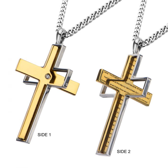 Gold Plated Lord's Prayer & Spinner Cross Two Tone Pendant with Chain