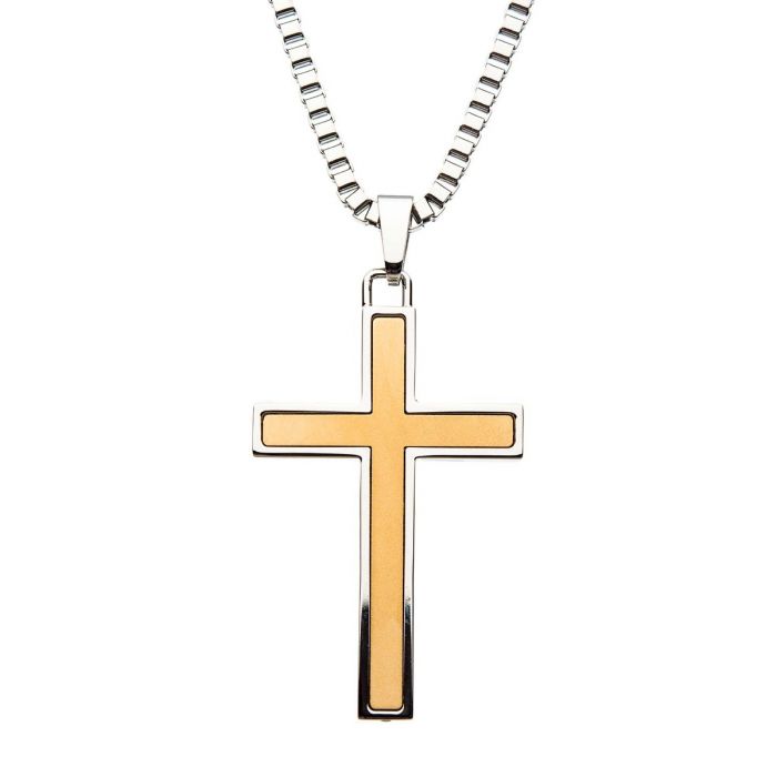 Stainless Steel Two Tone Cross Pendant with Chain