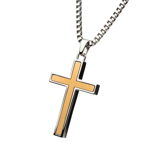 Stainless Steel Two Tone Cross Pendant with Chain