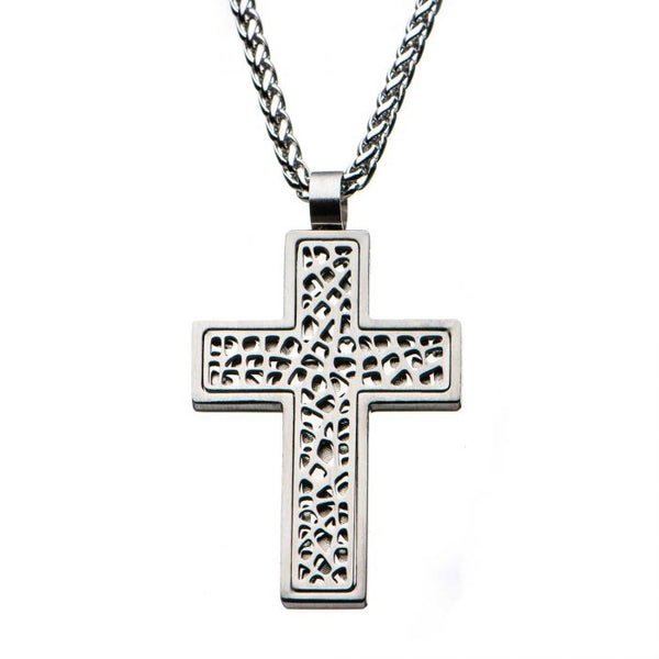 MultiHoles Steel Cross Pendant with Steel Round Wheat Chain