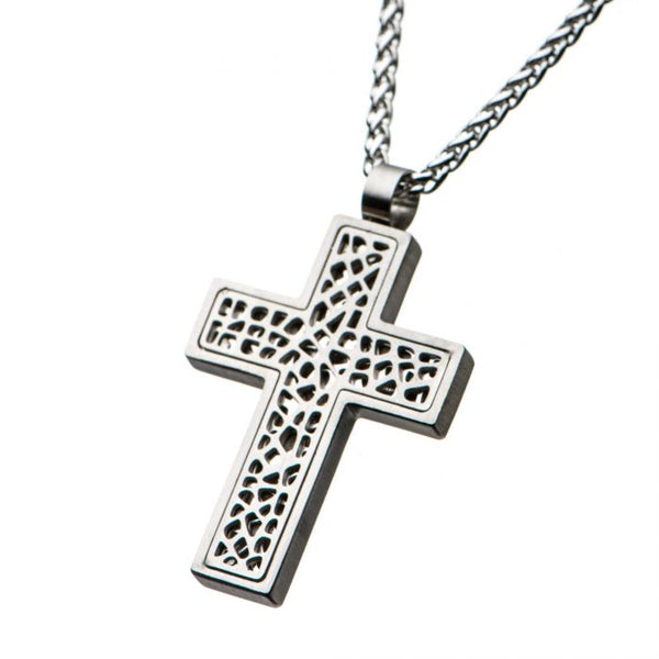 MultiHoles Steel Cross Pendant with Steel Round Wheat Chain