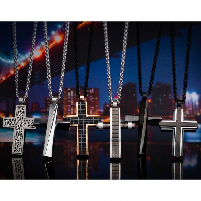 MultiHoles Steel Cross Pendant with Steel Round Wheat Chain