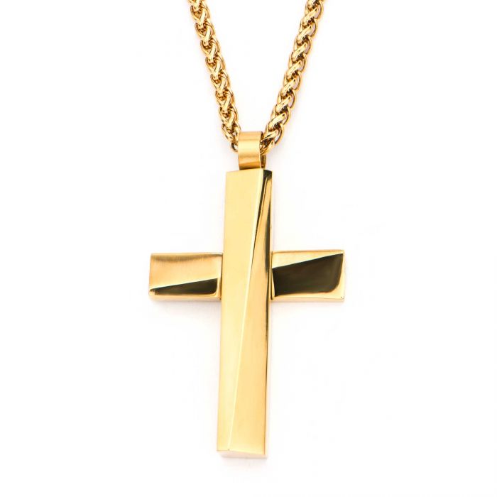 Gold Plated Cross Pendant with Gold Plated Round Wheat Chain