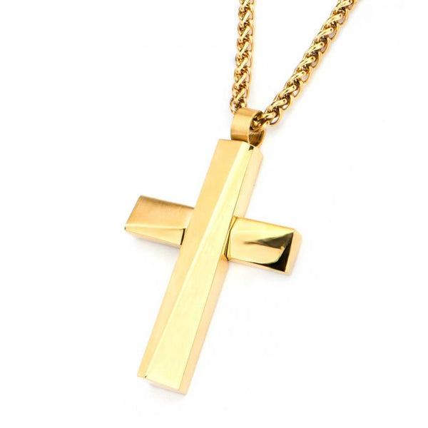 Gold Plated Cross Pendant with Gold Plated Round Wheat Chain