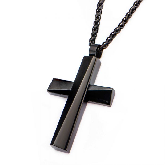 Black Plated Cross Pendant with Matte Black Round Wheat Chain