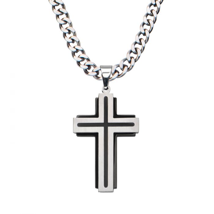 Black Plated & Steel Cross Pendant