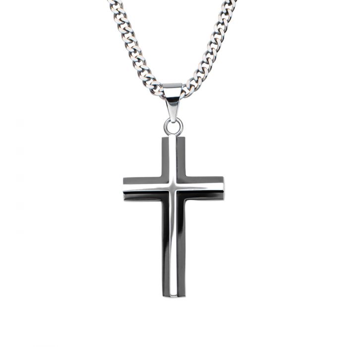 Black Plated & Steel 3D Cross Pendant