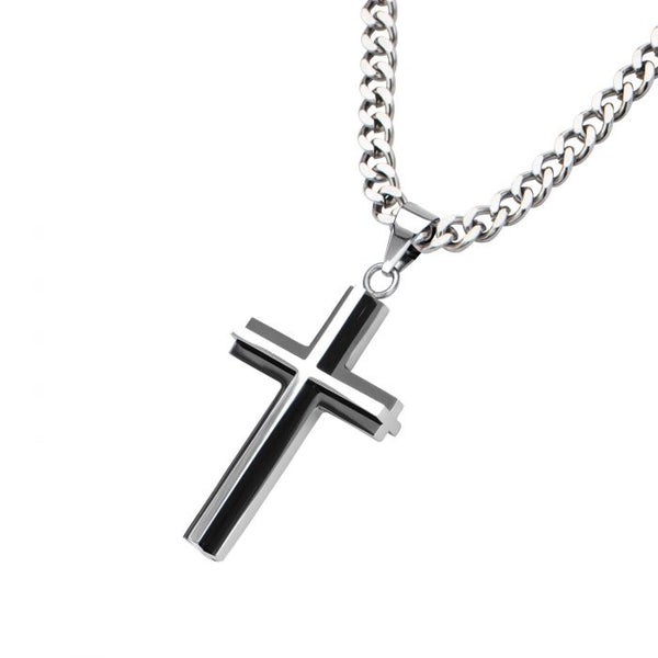 Black Plated & Steel 3D Cross Pendant