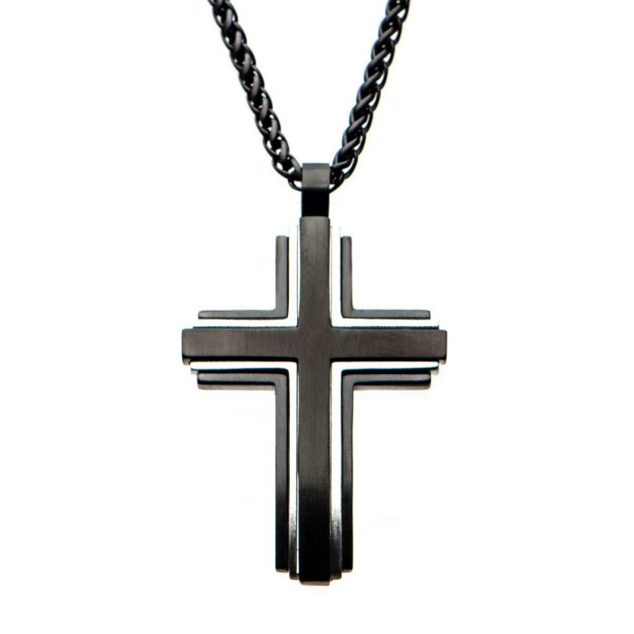 Antique Steel Cross Pendant with Matte Black Round Wheat Chain