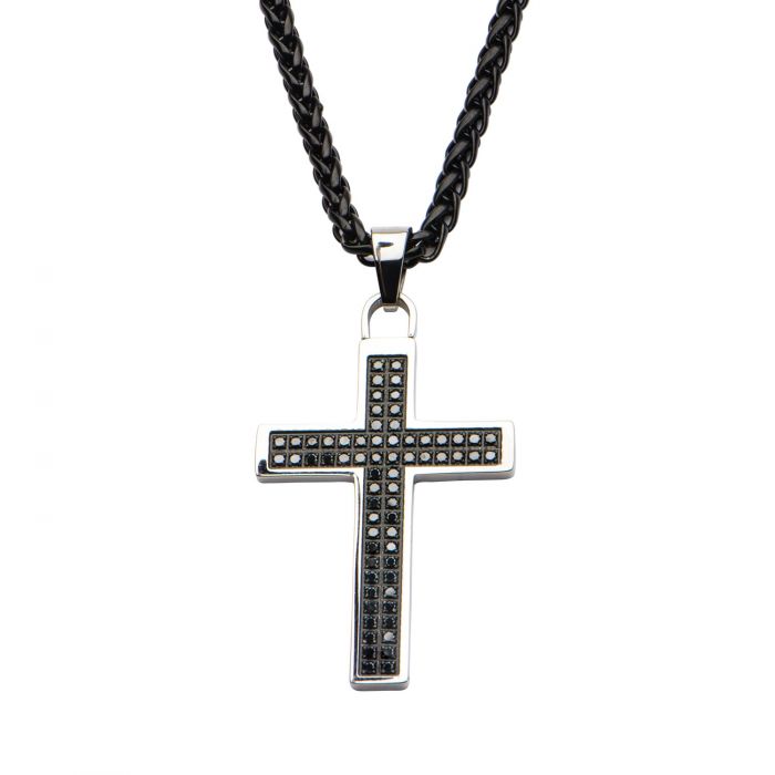 Stainless Steel with 66piece CNC Prong Set Black Genuine Diamond Cross Pendant with Chain