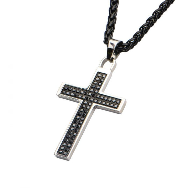 Stainless Steel with 66piece CNC Prong Set Black Genuine Diamond Cross Pendant with Chain