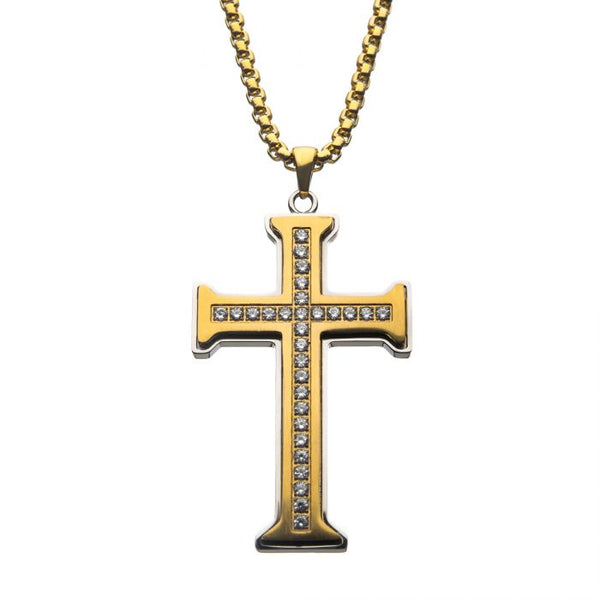 Clear CZ Gold Plated Cross Pendant in a Steel Frame with Chain