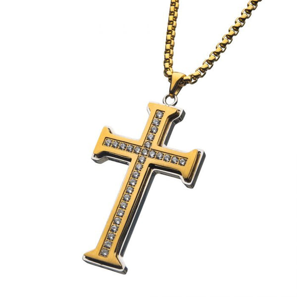 Clear CZ Gold Plated Cross Pendant in a Steel Frame with Chain