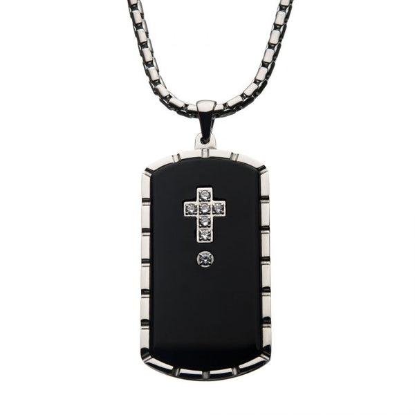 Black Agate Swarovski CZ Steel & Black Plated Dog Tag Pendant with Chain