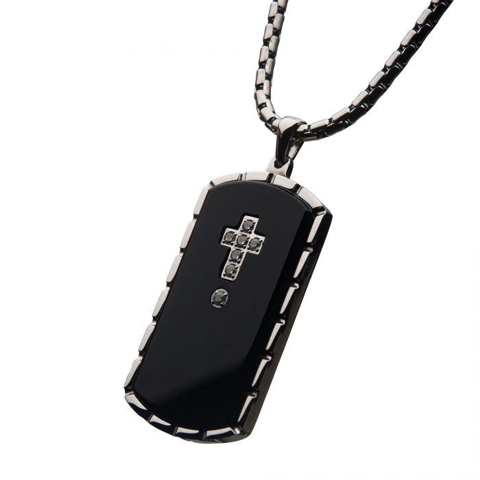 Black Agate Swarovski CZ Steel & Black Plated Dog Tag Pendant with Chain