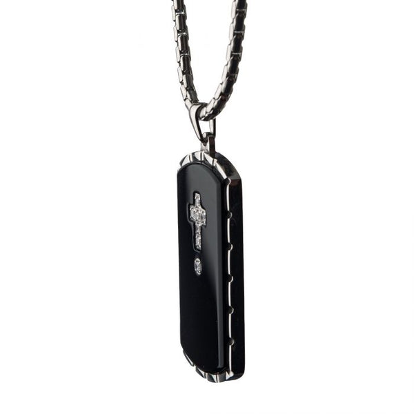 Black Agate Swarovski CZ Steel & Black Plated Dog Tag Pendant with Chain