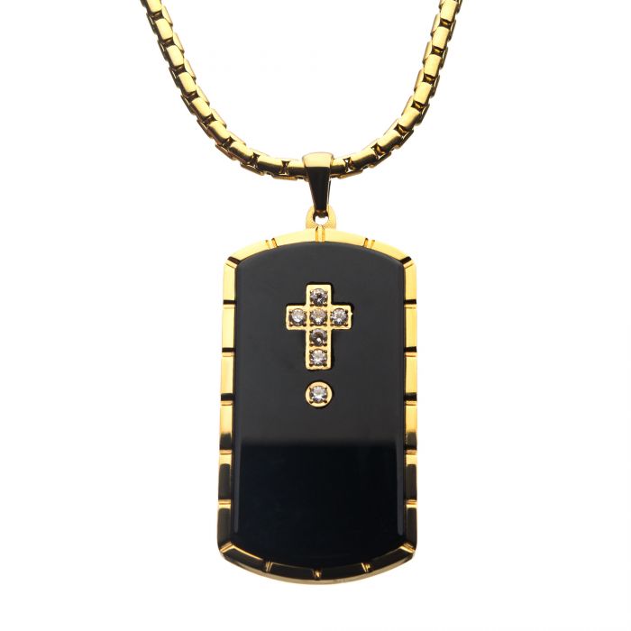 Black Agate Swarovski CZ Black & Gold Plated Dog Tag Pendant with Chain