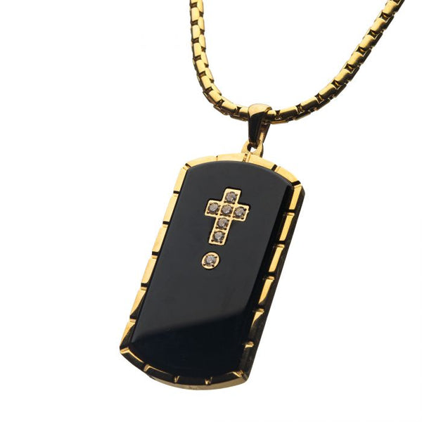 Black Agate Swarovski CZ Black & Gold Plated Dog Tag Pendant with Chain