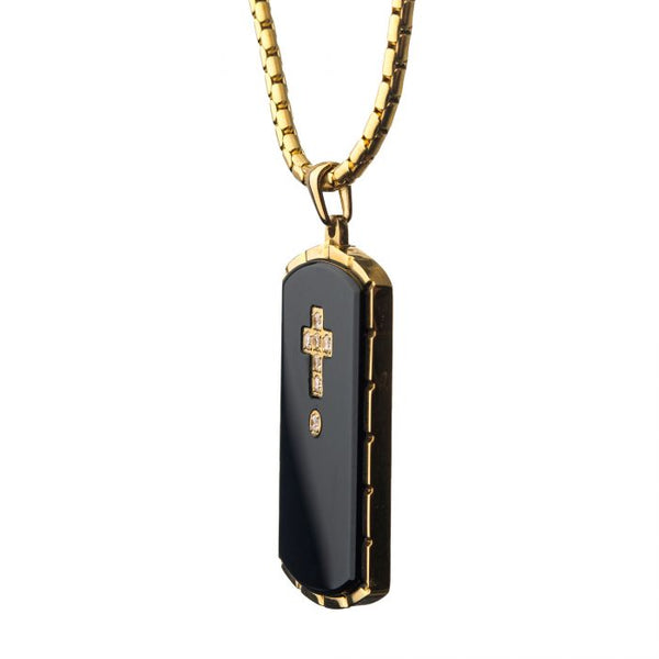 Black Agate Swarovski CZ Black & Gold Plated Dog Tag Pendant with Chain