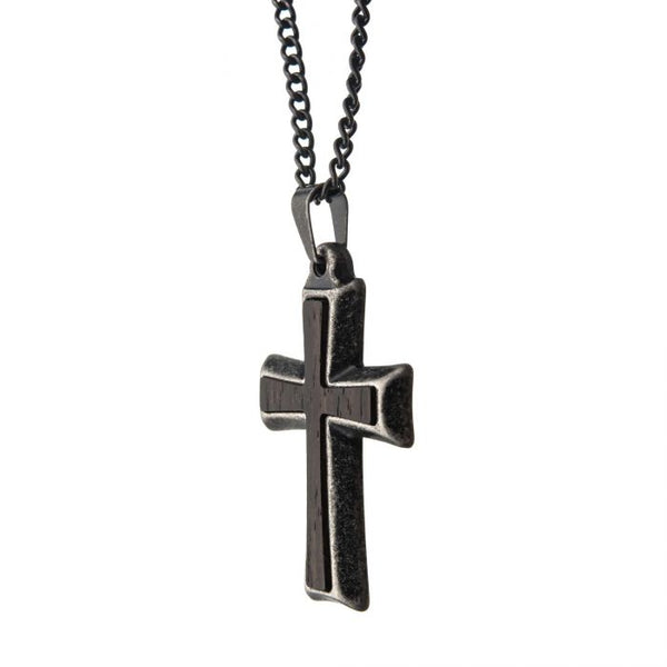 Stainless Steel with Antiqued Finish Cross Pendant with Chain